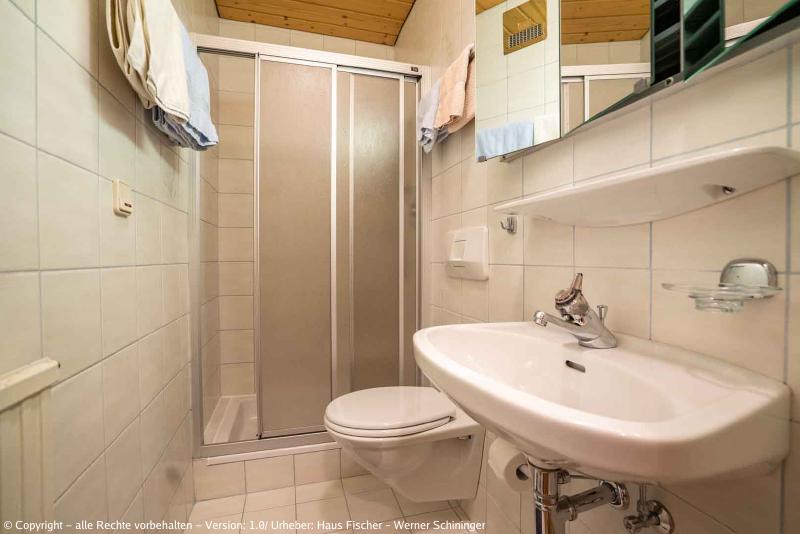 Eines unserer Badezimmer mit Waschbecken, Alibert, WC und Dusche mit Duschwand.