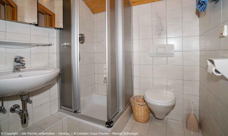 Eines unserer Badezimmer mit Waschbecken, Alibert, WC und Dusche mit Duschwand.